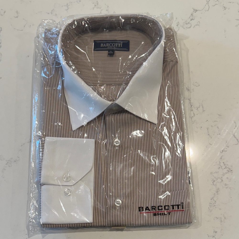 Barcotti  Men's Striped Dress Shirt in Tan and White